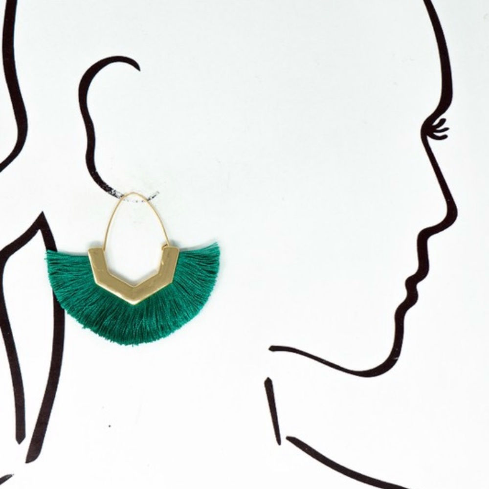 Gold & Teal Boho Fan Tassel Drop Earrings - Picture 2 of 2